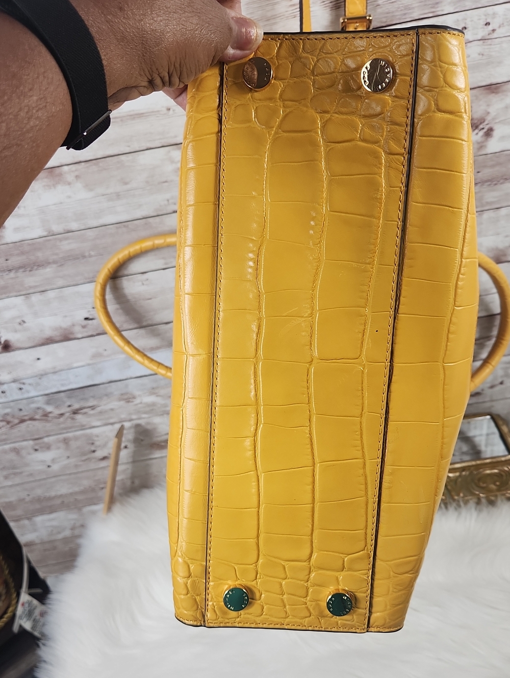 Michael Kors Yellow Croc-Embossed Satchel with MK Charm and Several Compartments - Picture 10 of 10